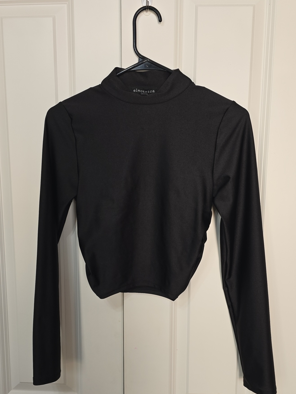Electrica Black Long-Sleeve Mock Neck Top Ruched Sides